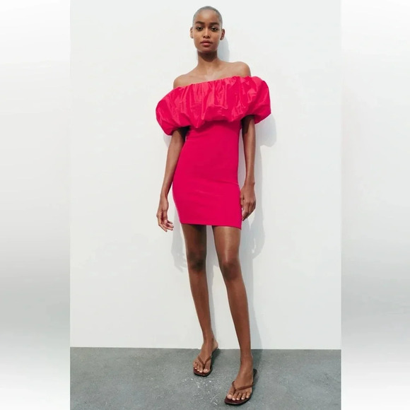 ZARA RASPBERRY OFF SHOULDER PINK MINI DRESS - Picture 2 of 10